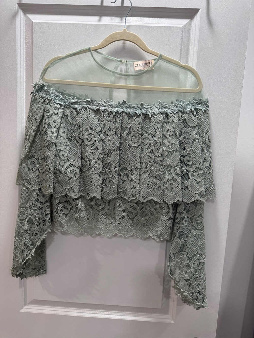 Club L London Sage Green Lace Off-Shoulder Top